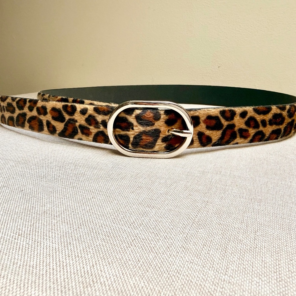 Leopard Print Haircalf Belt with Silver Oval Buckle - Women Accessories